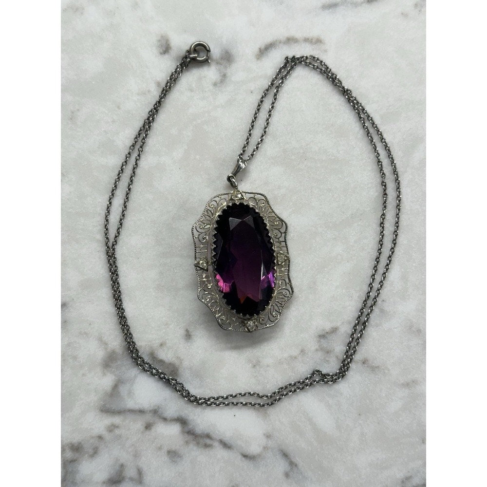 Antique Victorian Edwardian Sterling Filigre Amethyst Paste Pendant Necklace Lot - Picture 8 of 10